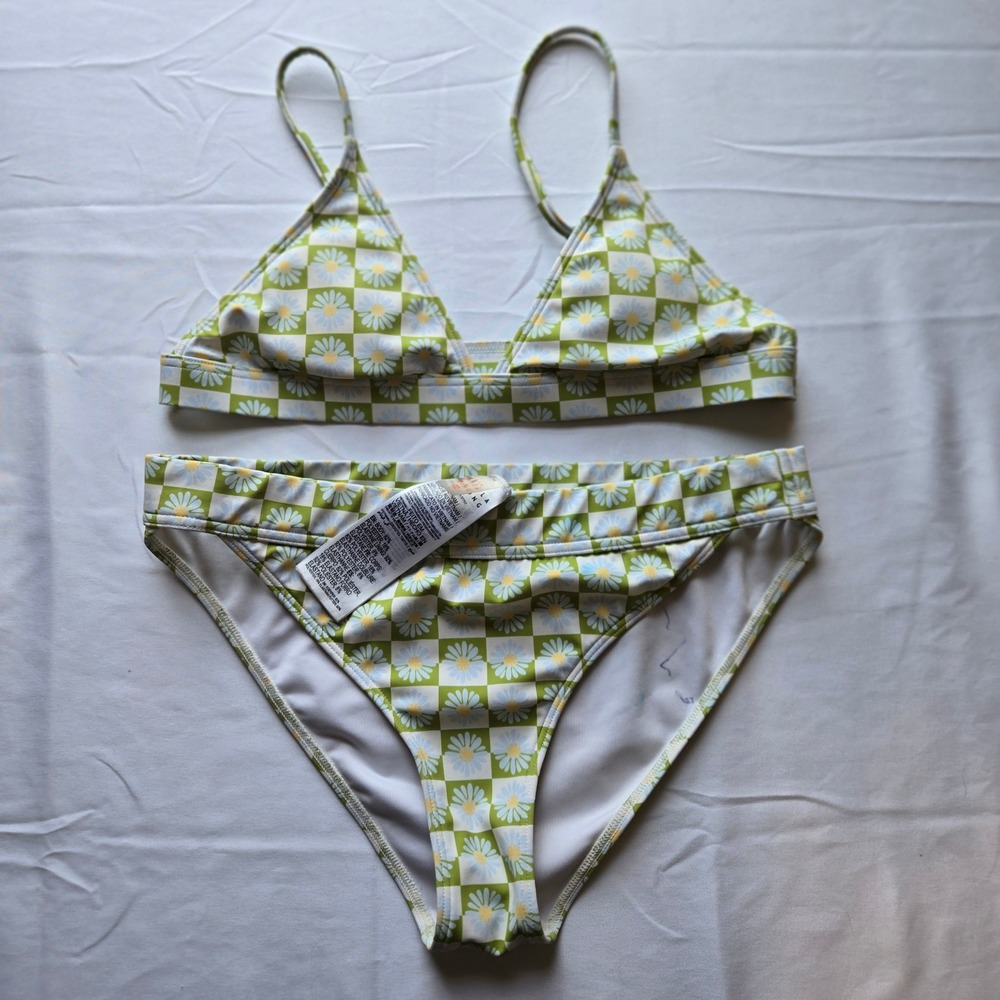 Billabong Kids Green Checkered Daisy Floral Bikini Two Piece Swimsuit Size 14
